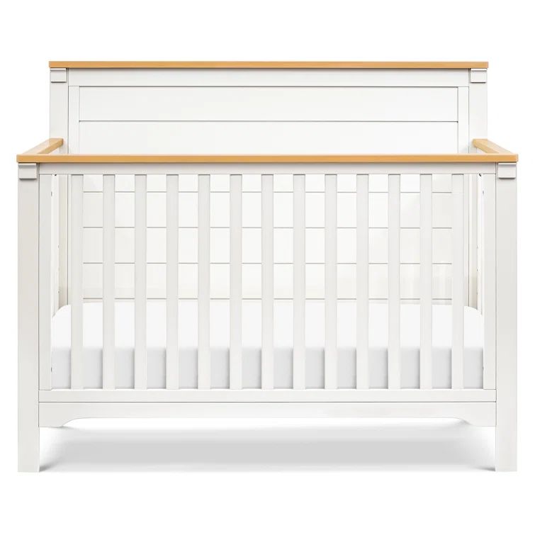 Warm White and Honey 4-in-1 Convertible Crib with Wood Paneling