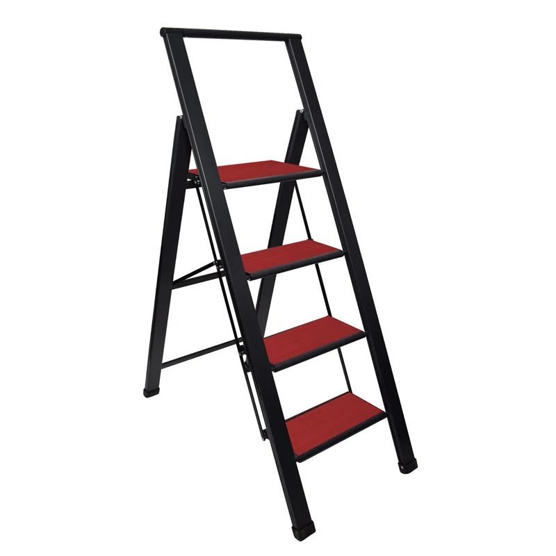4-Step Black and Red Aluminum Folding Ladder