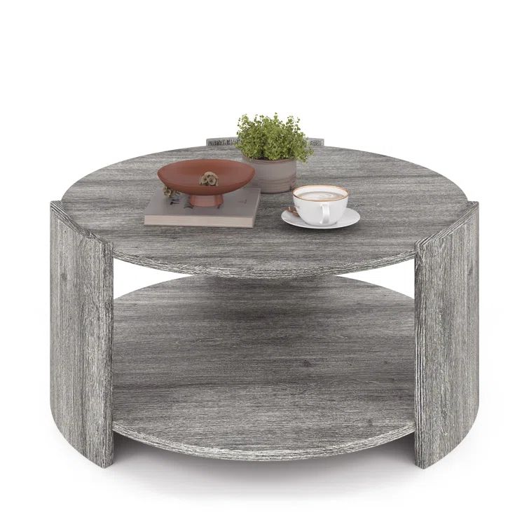 Gray Round Wooden Coffee Table with 2-Tier Storage Shelf