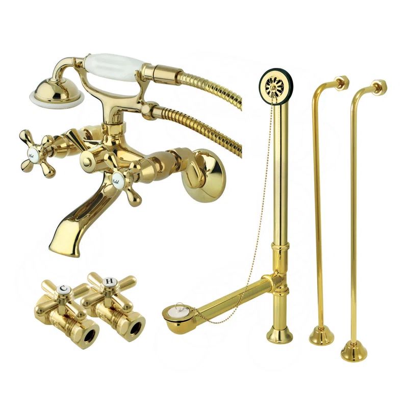 Polished Brass Vintage Wall Mount Clawfoot Tub Faucet Package