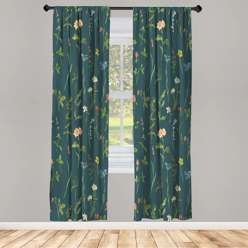 Dark Green Floral Microfiber Rod Pocket Curtain Panels, 28" x 95"