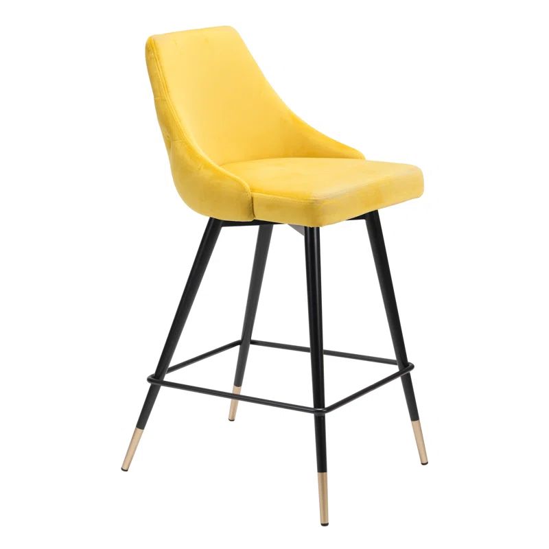Yellow Velvet and Metal Counter Stool with Tapered Back