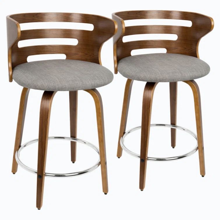 Mid-Century Modern Gray Swivel Counter Stool with Wood and Metal