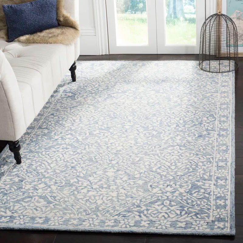 Handmade Blue and Ivory Floral Wool Area Rug, 8' x 11'
