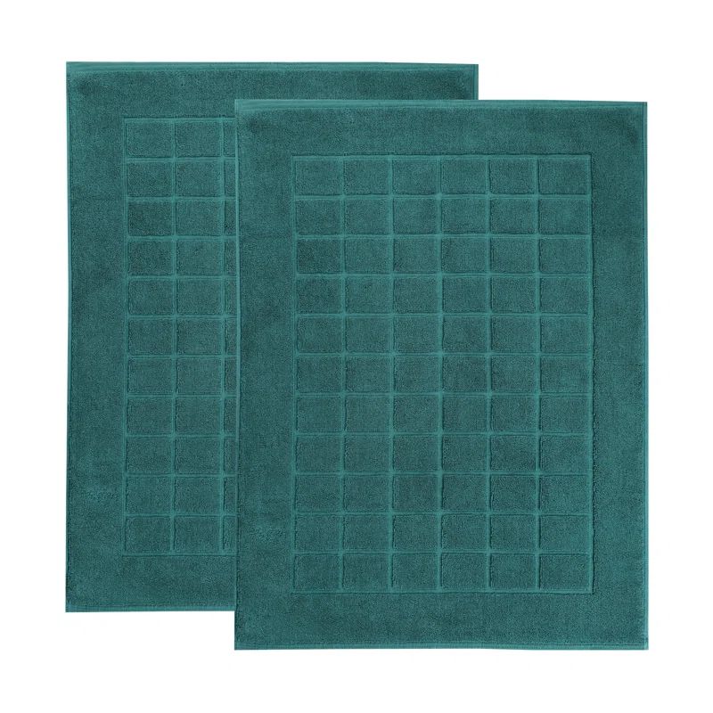 Teal Cotton Checkered Absorbent Bath Mat Set of 2