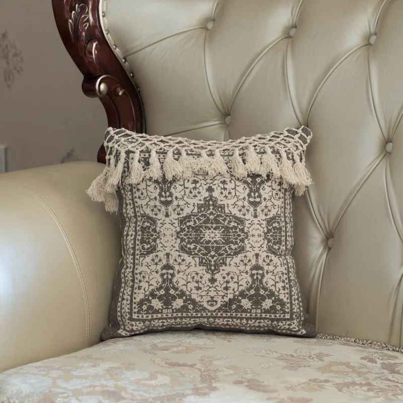 Beige Handwoven Cotton Throw Pillow with Tasseled Top