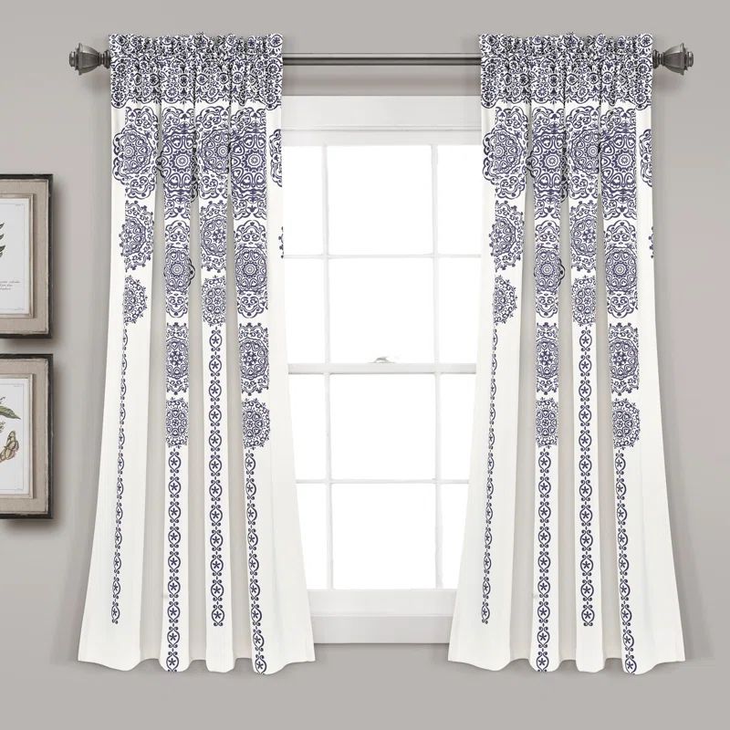 Navy and White Medallion Print Polyester Blackout Window Panels