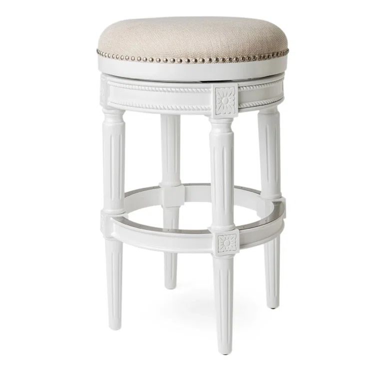 Alabaster White Swivel Backless Bar Stool with Hand-Carved Wood
