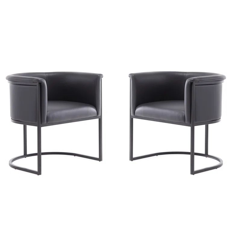 Modern Black Faux Leather Upholstered Metal Arm Dining Chairs, Set of 2