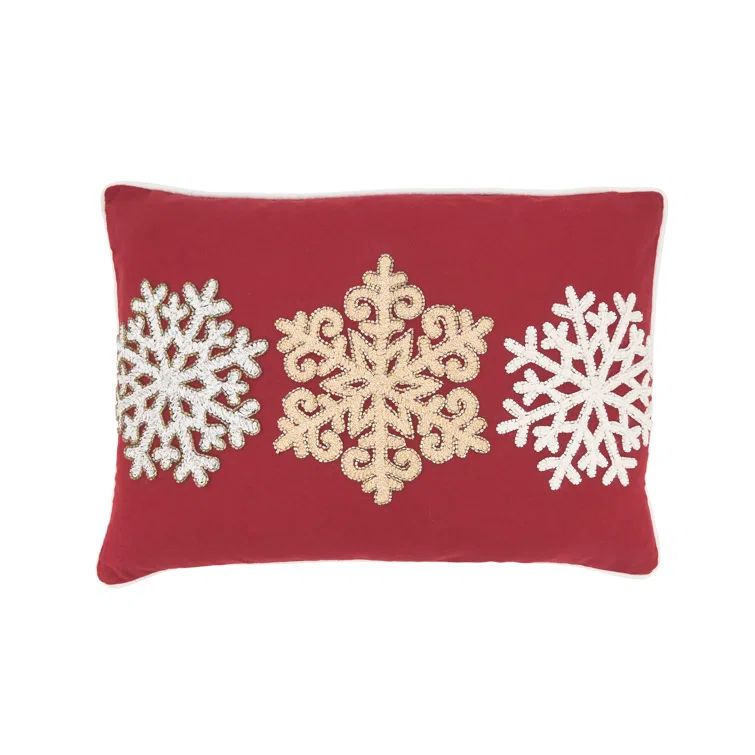 Red Rectangular Embroidered Snowflake Throw Pillow