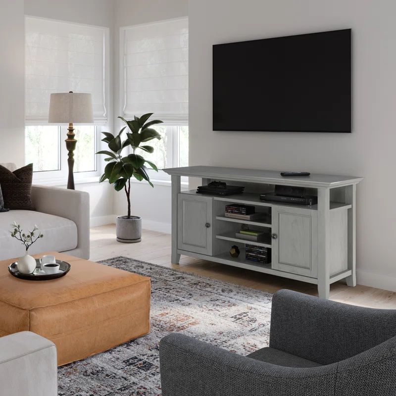 Fog Grey Solid Wood TV Media Stand with Cabinet for 60-inch TVs