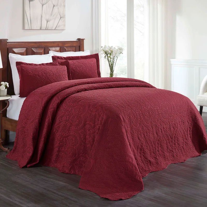 Burgundy Full Cotton Blend Floral Bedspread Set