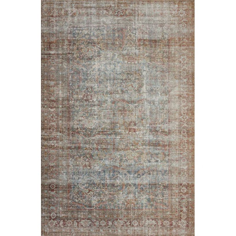 Vintage Blue and Brick Polyester Rectangular Area Rug