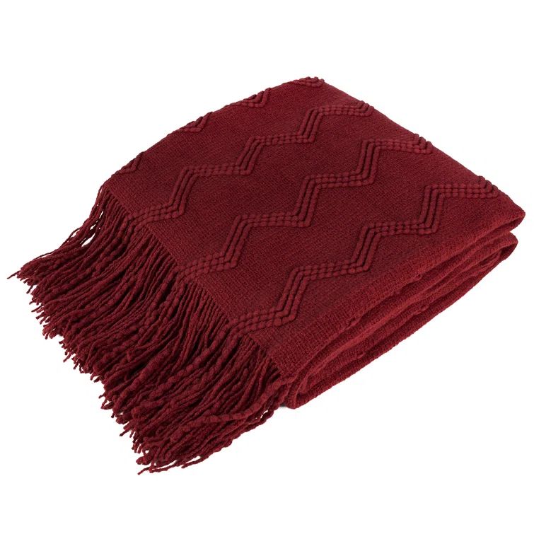 Wine Red Knitted Fleece Throw Blanket with Fringe