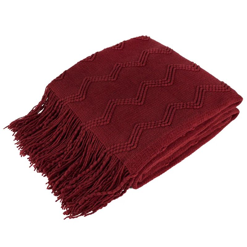 Wine Red Knitted Fleece Throw Blanket with Fringe