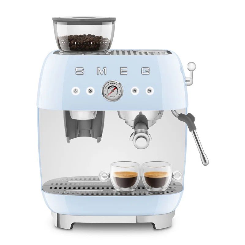 Pastel Blue Semi-Automatic Espresso Machine with Grinder and Steam Wand