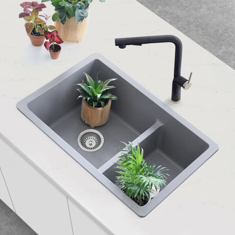Gray 27" Dual Mount Composite Granite Double Bowl Kitchen Sink