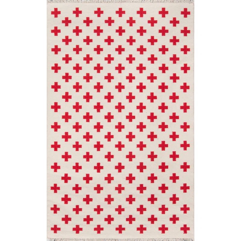 Ivory and Red Geometric Wool Flatweave Area Rug 2' x 3'