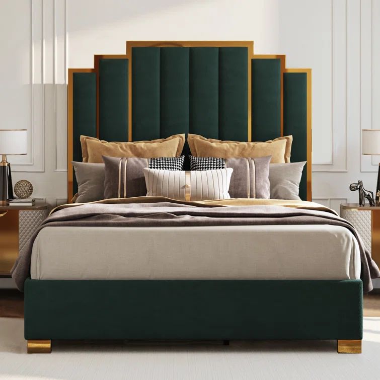 Green Velvet Queen Bed with Gold Trim and Headboard