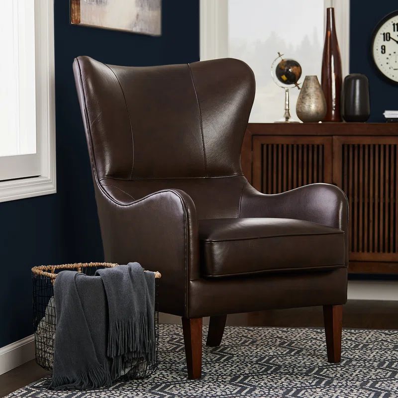 Espresso Brown Leather 41'' Modern Wingback Accent Chair