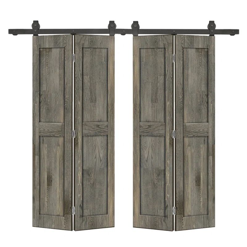 Weather Gray Pine Wood Double Bi-Fold Barn Door with Black Hardware