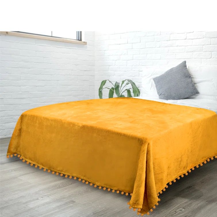 Cozy Mustard Yellow Twin Fleece Throw with Pom Pom Fringe