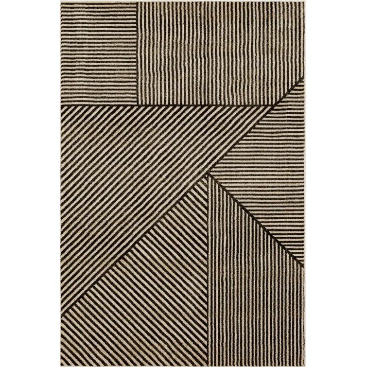 Black and Beige Geometric Polyester Area Rug