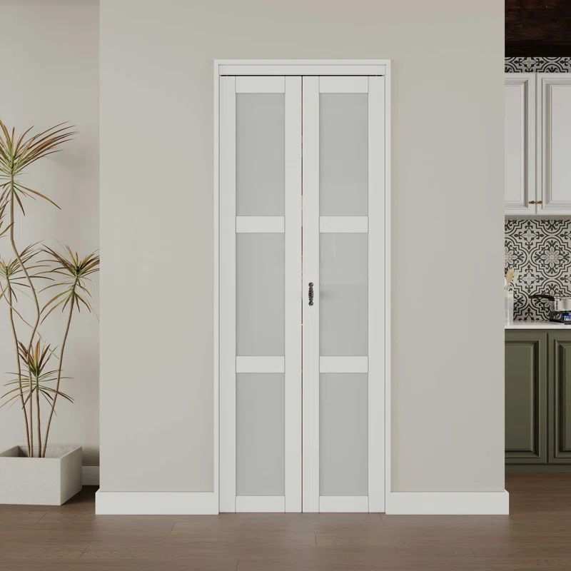 72 in. x 80 in. White MDF Bi-Fold Door with Frosted Glass Panels