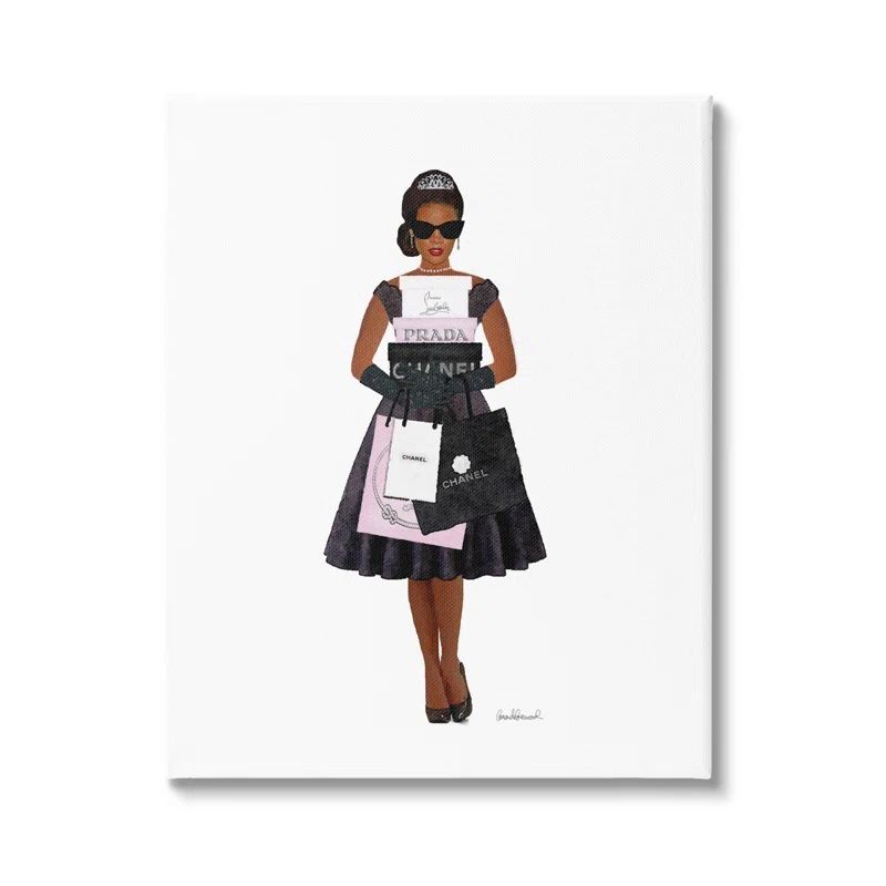 Glam Fashion Shopping Woman Canvas Art in Black and Pink