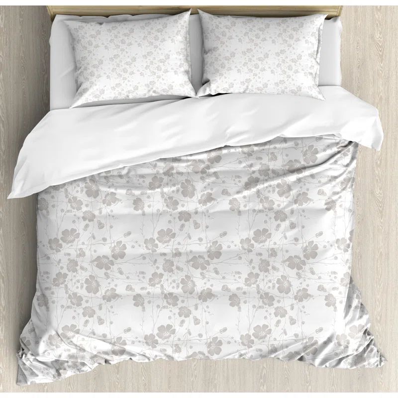 Pale Grey Floral Queen Duvet Cover Set with Pillow Shams