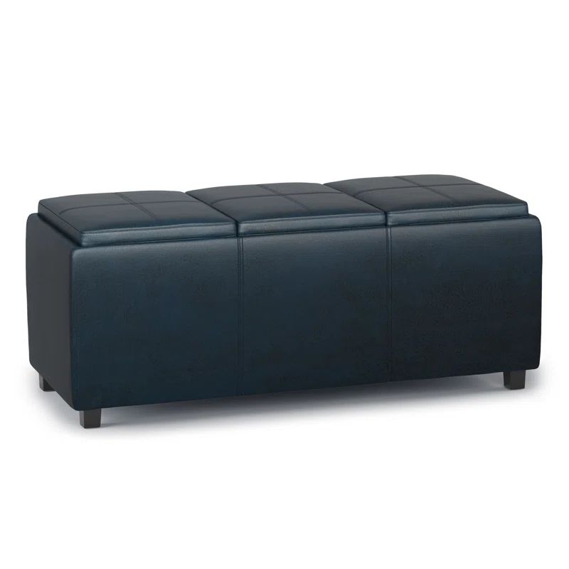 Avalon Distressed Dark Blue Faux Leather Storage Ottoman with Trays