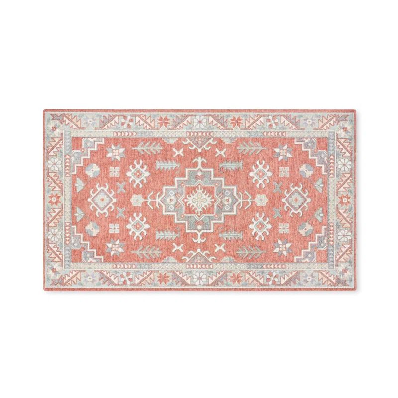 Coral and Gray Rectangular Washable Cotton Kitchen Mat