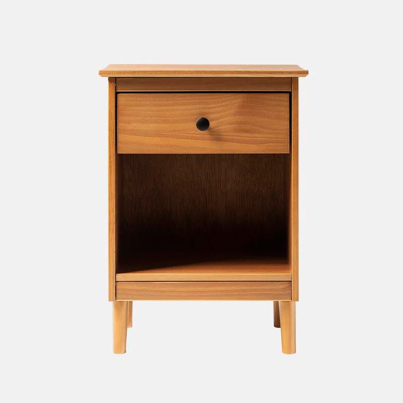 Caramel Solid Pine 1-Drawer Nightstand with Open Shelf