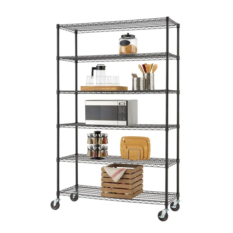 Black 6-Tier Steel Wire Shelving Unit with Wheels