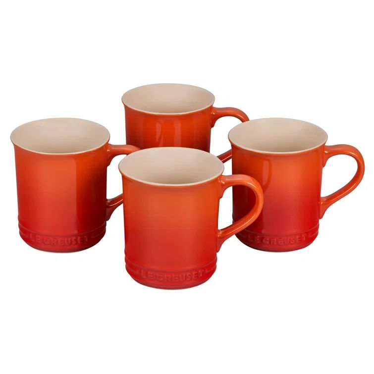 Flame Orange Ceramic Mid-Century Modern Mug Set of 4