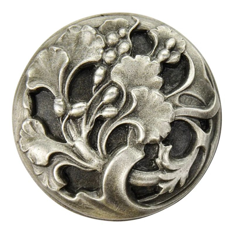 Antique Pewter Round Knob with Swirling Ginkgo Leaves