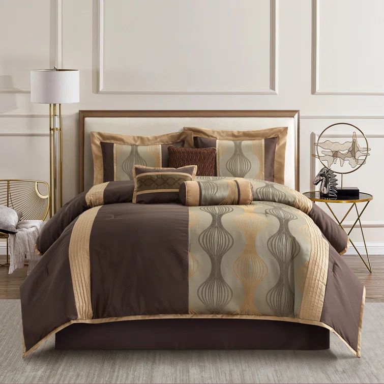 King Dark Brown and Gold Microfiber 7-Piece Comforter Set