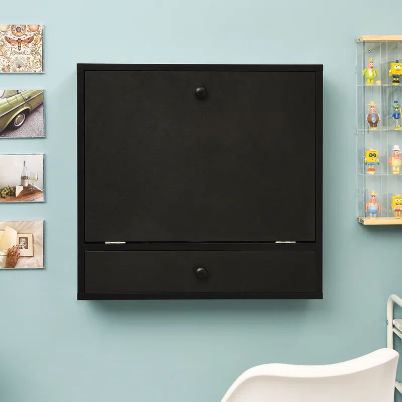 Black Wall-Mounted Wood Desk with Drawer and Filing Cabinet