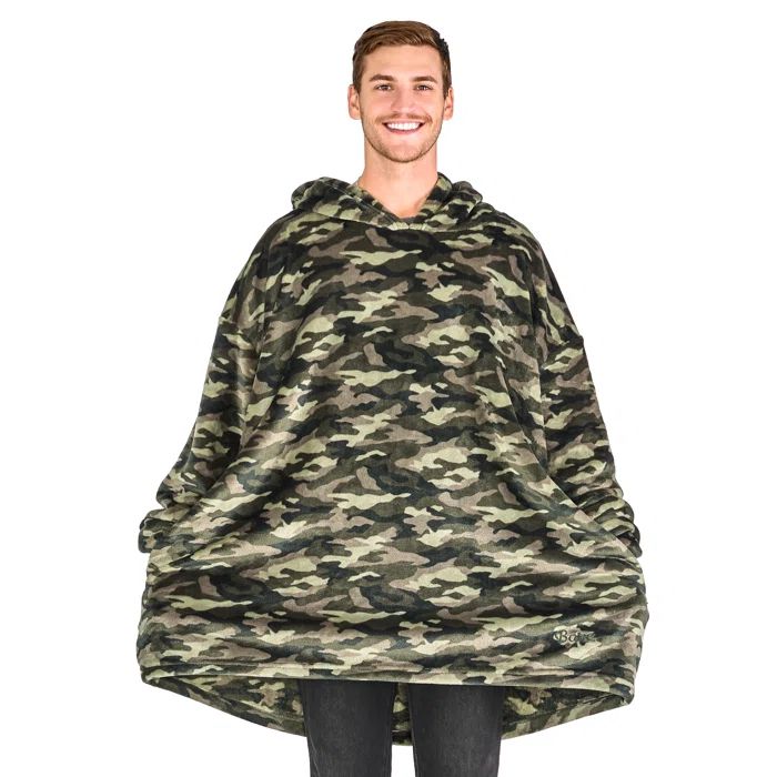 Adult Green Camo Fleece Hooded Wearable Blanket