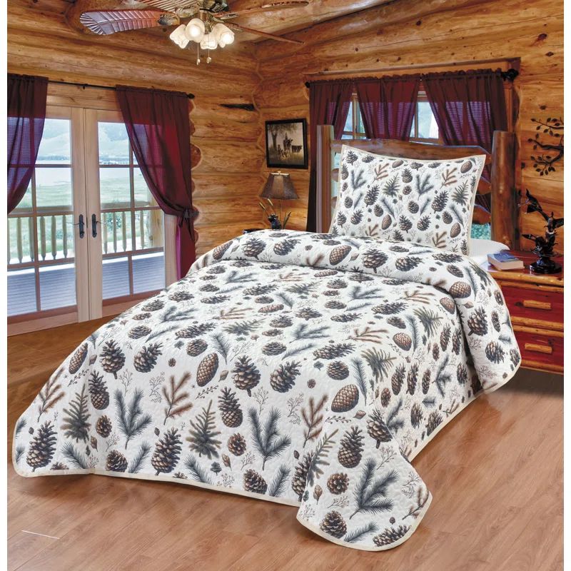 Twin Brown Polyester Pinecone Forest Quilt Set