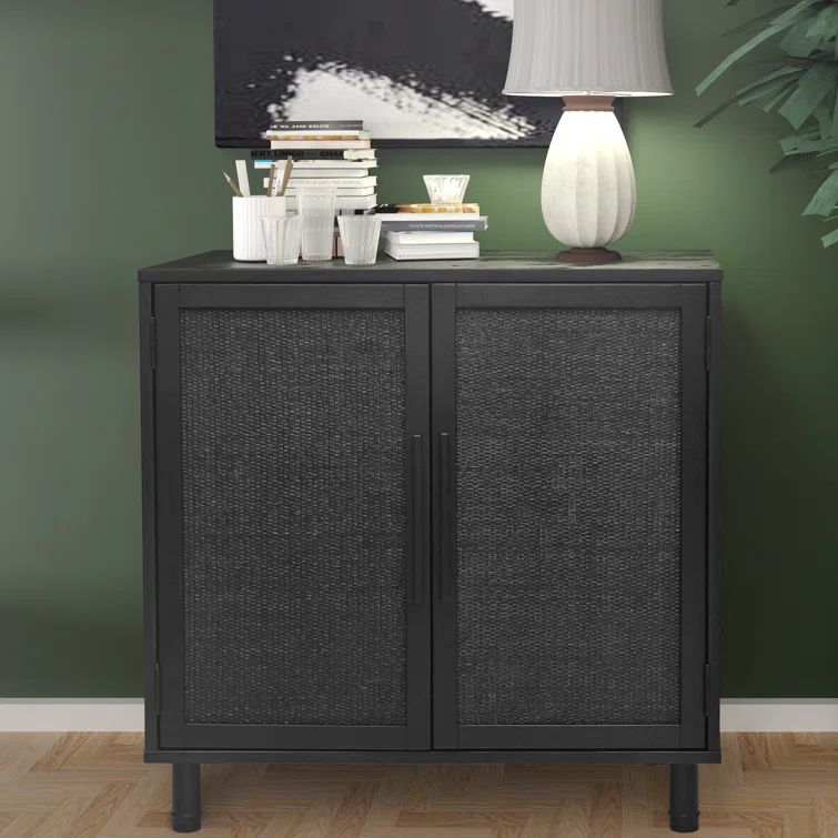 Delancey Black Wood-Grain and Rattan 2-Door Cabinet with Adjustable Shelving