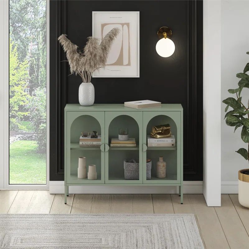 Pale Green Metal Accent Cabinet with Adjustable Shelving and Glass Doors