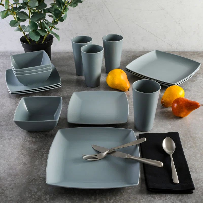 Grey Square Melamine 16-Piece Dinnerware Set, Service for 4