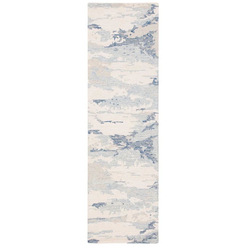Hand Tufted Ivory and Blue Wool Runner Rug, 2'-3" x 18'