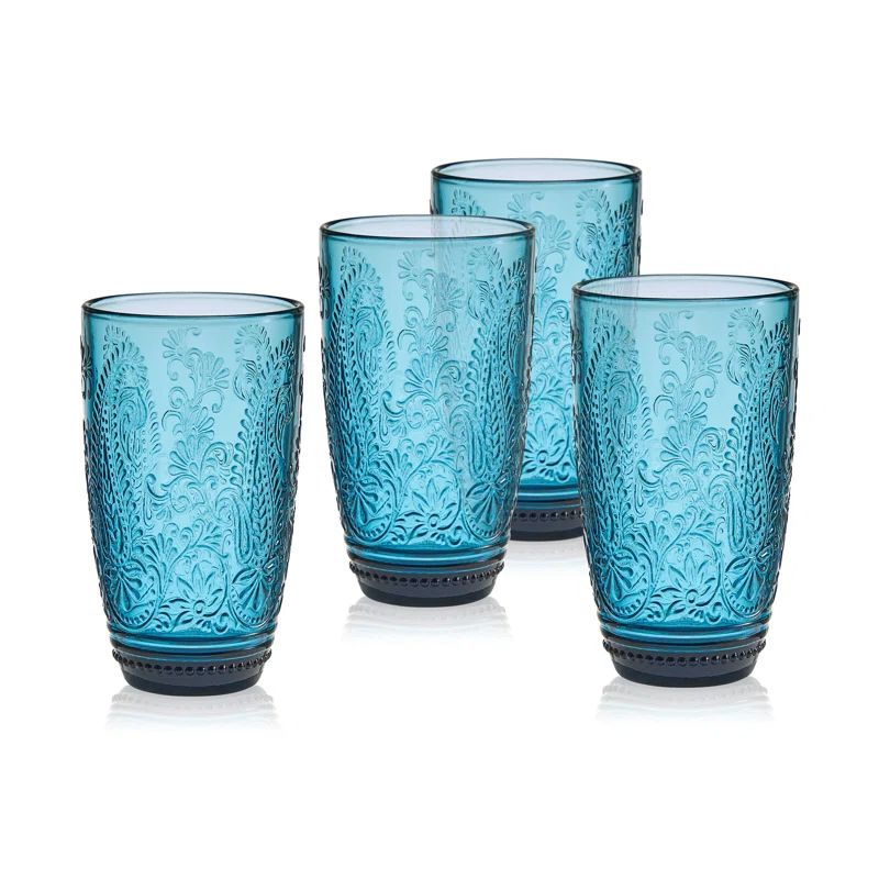 Indigo Blue Embossed Floral Highball Glass Set of Four