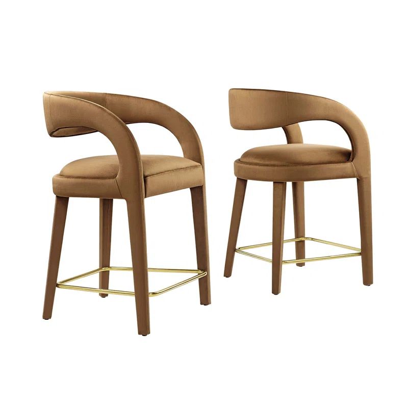 Ivory Gold Velvet Upholstered Counter Stools with Metal Footrest, Set of Two