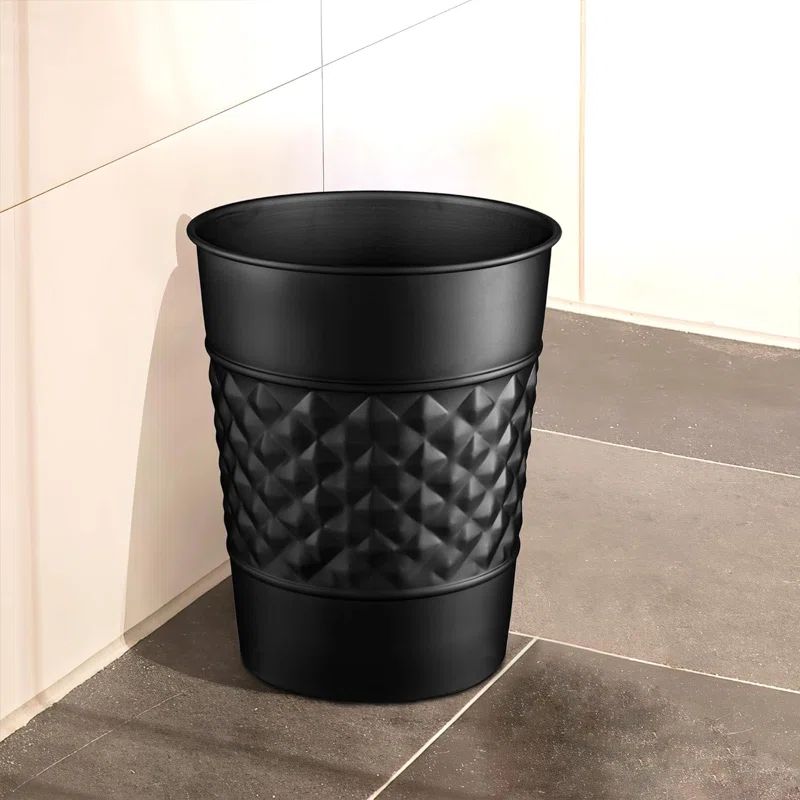 Matte Black Geometric Embossed Metal Bathroom Trash Can