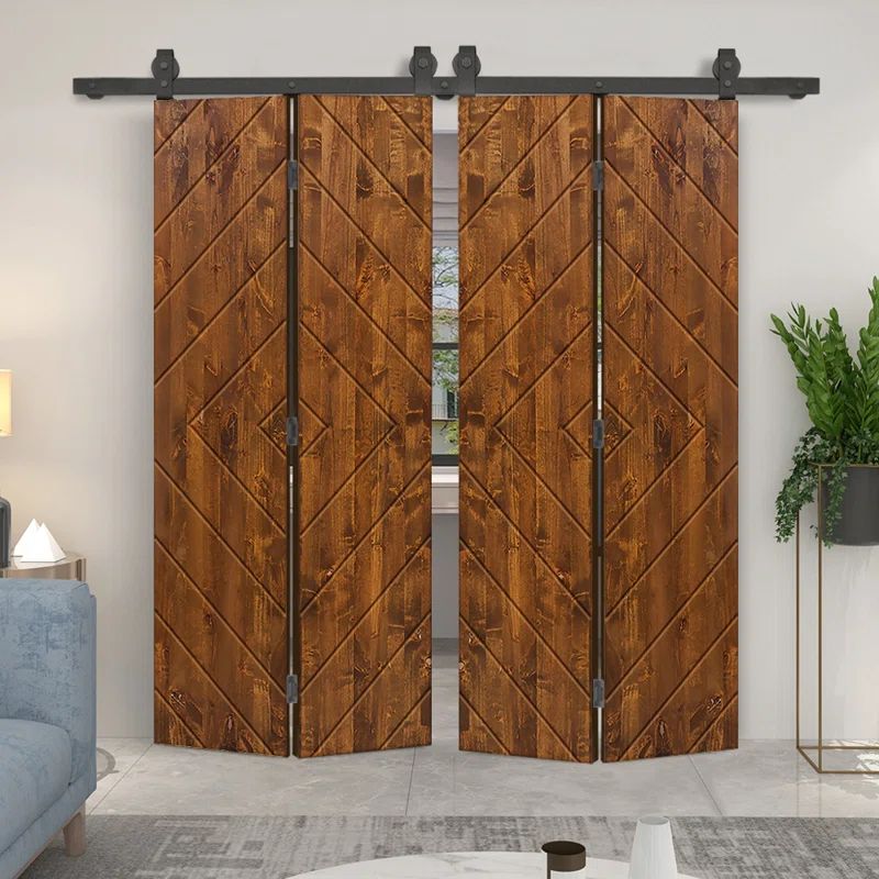 Walnut Stained Pine Wood Double Bi-Fold Barn Door with Black Hardware