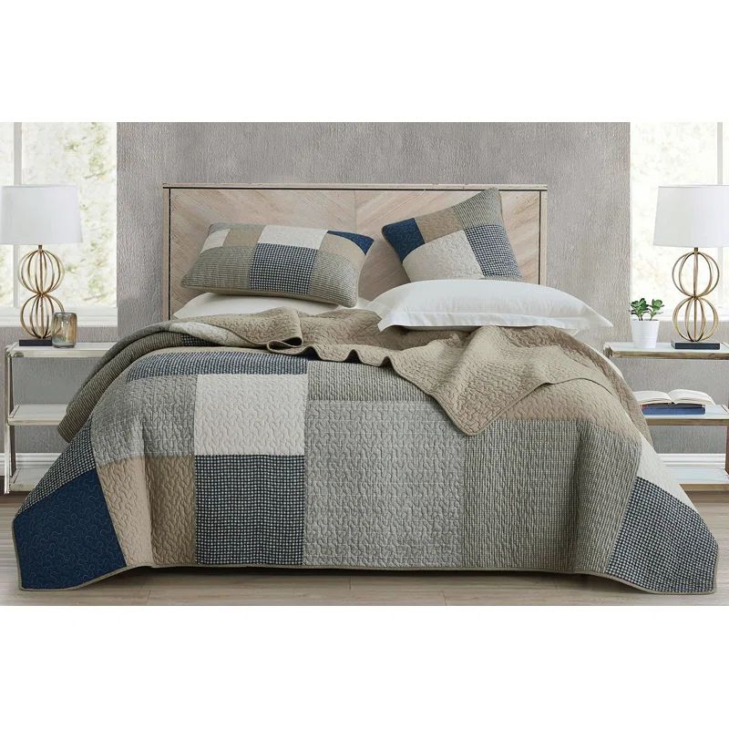 Navy and Beige Cotton Twin Reversible Quilt Set