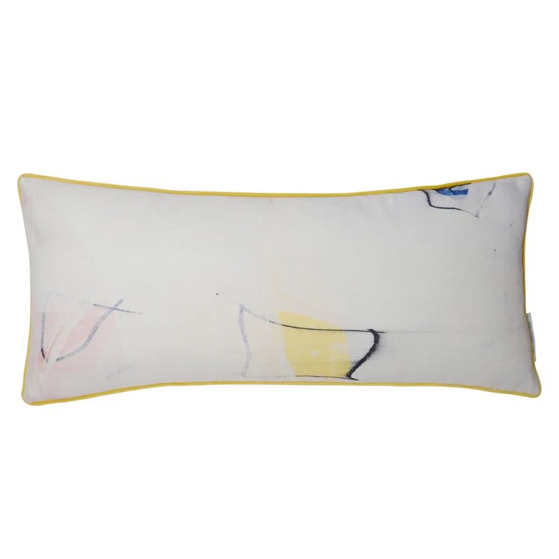 Contemporary Rectangular Cotton Throw Pillow in Blue, Yellow, Cream